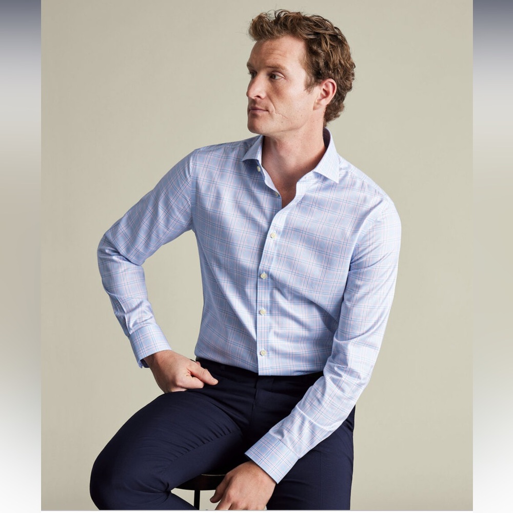 CHARLES TRYWHITT Prince of Wales Non-Iron Dress Shirt - Sky Blue & Pink - 20/37”